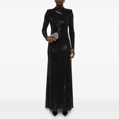 Rhinestone Pleated Round Neck Long Hollow Cut Dress