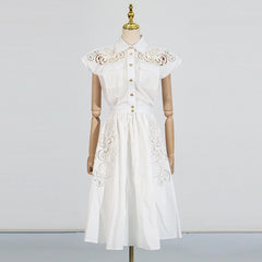 Hollow Out Chic Two Piece Sets Lapel Short Sleeve Spliced Button Tops High Waist Long Skirt Elegant Set