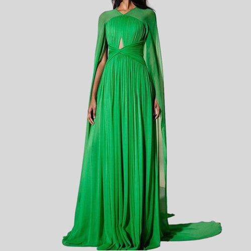 Long Cape High Neck Pleat Gowns Dress