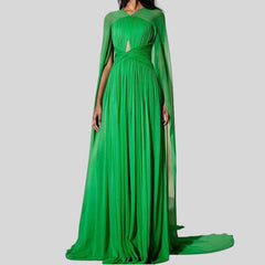 Long Cape High Neck Pleat Gowns Dress