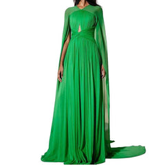 Long Cape High Neck Pleat Gowns Dress