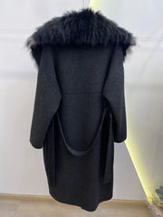 Long Wool Cashmere Blended  With Big Real Silver Fox Fur Collar Coat