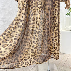 Leopard High Quality Full Lantern Sleeve Lace-up Bow Belted Vintage Midi Dresses