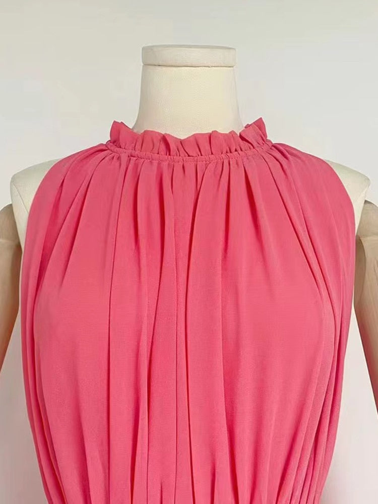 Solid Folds Stand Collar Sleeveless High Waist A Line Temperament Elegant Dress