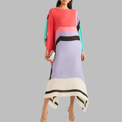 Retro Striped Print Patchwork Irregular Spring Batwing Sleeve Loose Long Dress