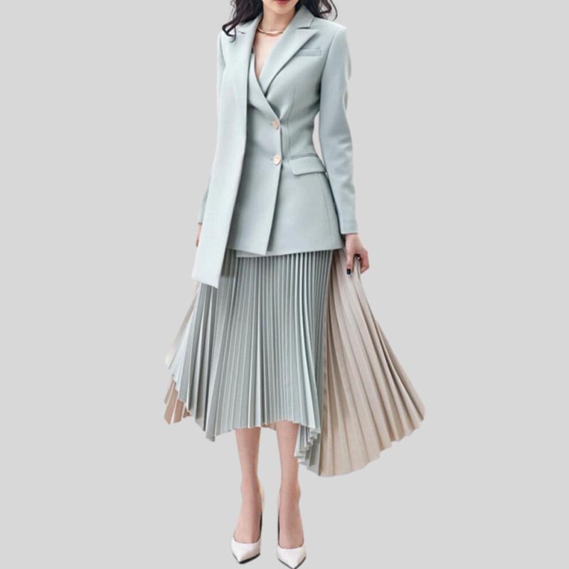 Notched Double Breasted Blazer High Waist Contrast Color Pleated Skirt