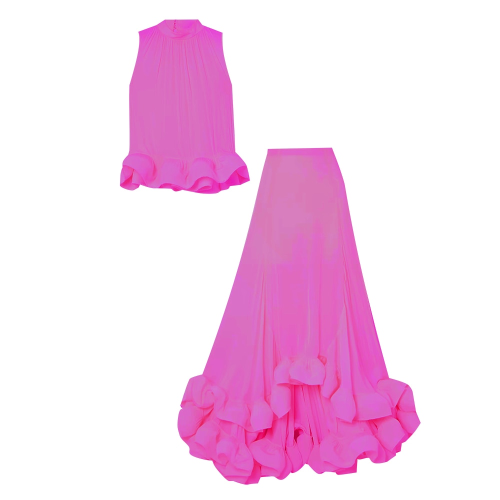 Ruffle Temperament Two Piece Set Sleeveless Tops Pleated Irregular Skirts