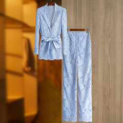 Two Piece Set Lapel Long Sleeves Spliced Single Breasted Top High Waist Patchwork Hollow Out Pant Set