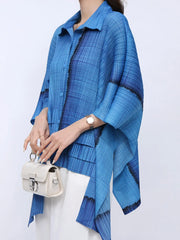 Solid Straight Grid Stand Collar Long Sleeve Patchwork Button Top