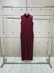 Elegant Diamonds Stand Collar Sleeveless Back Double Zipper Split Dress