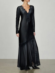 Spliced Lace Elegant V Neck Long Sleeves Dress