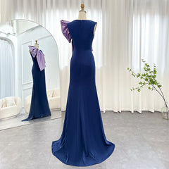 Navy Blue Satin Mermaid  with Lilac Bow Formal Dress