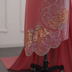 Elegant Coral Pink Scalloped Butterfly Beaded Evening Dress