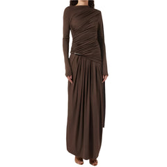A-Line Scoop Neckline Floor-Length Ruffle Zipper Up Long Sleeves Dress