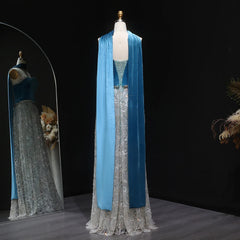 Luxury Beaded Blue Velvet Two-Piece with Scarf Evening Dress