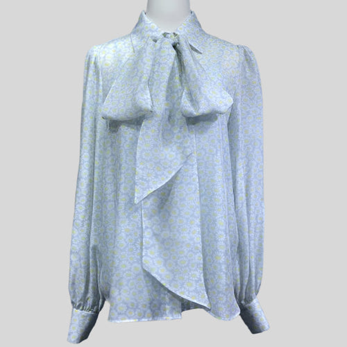 Bow Tie Elegant Little Floral Prints Long Sleeve Silk Shirt Top