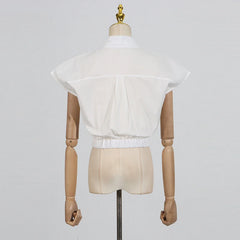 Hollow Out Chic Two Piece Sets Lapel Short Sleeve Spliced Button Tops High Waist Long Skirt Elegant Set