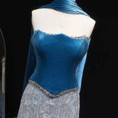 Luxury Beaded Blue Velvet Two-Piece with Scarf Evening Dress
