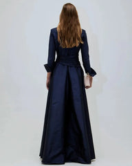 Long Navy Blue  with Belt A-Line Taffeta V-Neck Floor Length  Dress