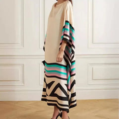 Retro Striped Print Patchwork Irregular Spring Batwing Sleeve Loose Long Dress