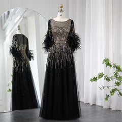Luxury Feathers Black Half Sleeve Dress