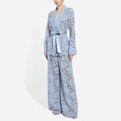 Two Piece Set Lapel Long Sleeves Spliced Single Breasted Top High Waist Patchwork Hollow Out Pant Set
