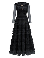 Solid Lace Mesh Spliced Round Neck High Waist Long Sleeve Dress