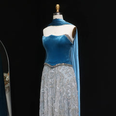 Luxury Beaded Blue Velvet Two-Piece with Scarf Evening Dress