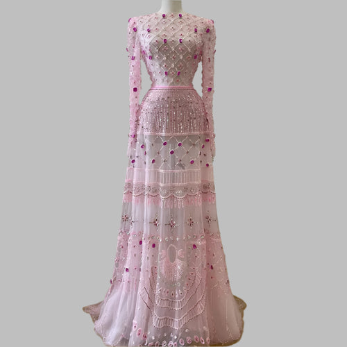 Beaded Crystals  Long Sleeves A Line  Maxi  Dress