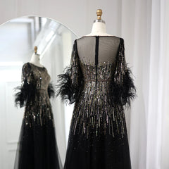 Luxury Feathers Black Half Sleeve Dress