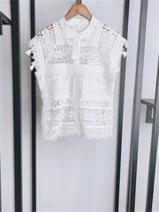 Embroidery Hollow Out Set O-Neck Sleeveless Single Breasted Blouse or Sweet A-Line Midi Skirt Set