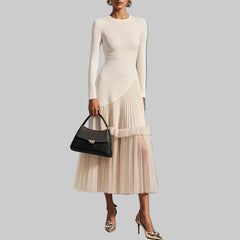 Soft Knit Patchwork Tiered Mesh Pleated-hem Dress - Knot Bene