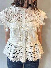 Embroidery Hollow Out Set O-Neck Sleeveless Single Breasted Blouse or Sweet A-Line Midi Skirt Set