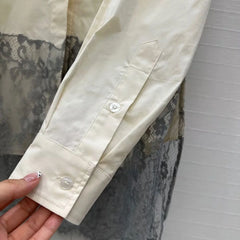 Loose Sweet Long Shirt Women Lapel Long Sleeve Lace Patchwork  Top