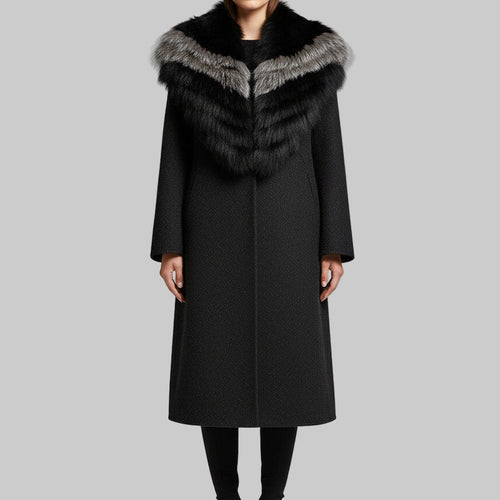 Long Wool Cashmere Blended  With Big Real Silver Fox Fur Collar Coat