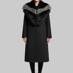 Long Wool Cashmere Blended  With Big Real Silver Fox Fur Collar Coat