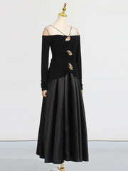 Elegant Patchwork Metal Strapless Off Shoulder Sleeve High Waist Dress