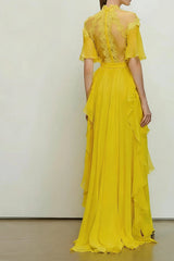 Chiffon  High Collar Short Sleeves Long A-Line Lace Dress