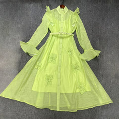 Solid Color Patchwork 3D Flowers Stand Collar Flare Sleeve High Waist Spliced Sashes Midi Dress
