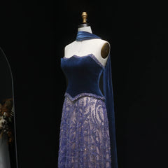 Luxury Beaded Blue Velvet Two-Piece with Scarf Evening Dress