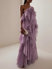 Solid Spliced Ruffles Halter Sleeveless High Wasit Backless Loose Dress