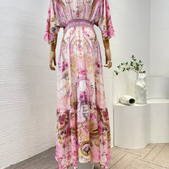 Silk Diamonds Pink Floral Print Half Sleeve Elastic High Waist Dress