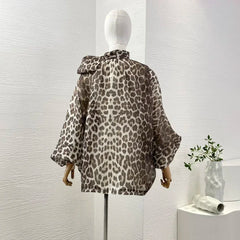 Linen Silk Bow Tie Turtleneck Brown Leopard Print Full Lantern Sleeve Top
