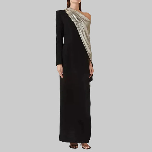 One Shoulder Slit Long Sleeve Draped Panel Asymmetric  Dress