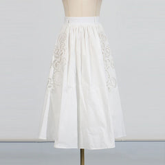 Hollow Out Chic Two Piece Sets Lapel Short Sleeve Spliced Button Tops High Waist Long Skirt Elegant Set
