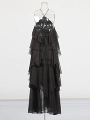 Solid Spliced Ruffles Halter Sleeveless High Wasit Backless Loose Dress