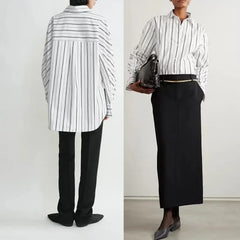 Black and White Striped Loose with A Wide Shoulder and Sleeve Top