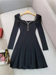 Square Collar Knit Black Rhinestone Trim Elegant Long Sleeve Mini Dress