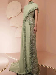 High Neck   with Sequin Embroidery Unique Capelet Design Dress