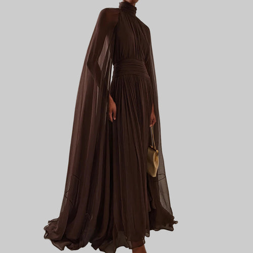 Spliced Folds Temperament  High Neck Long Sleeves Backless Sheer Dres